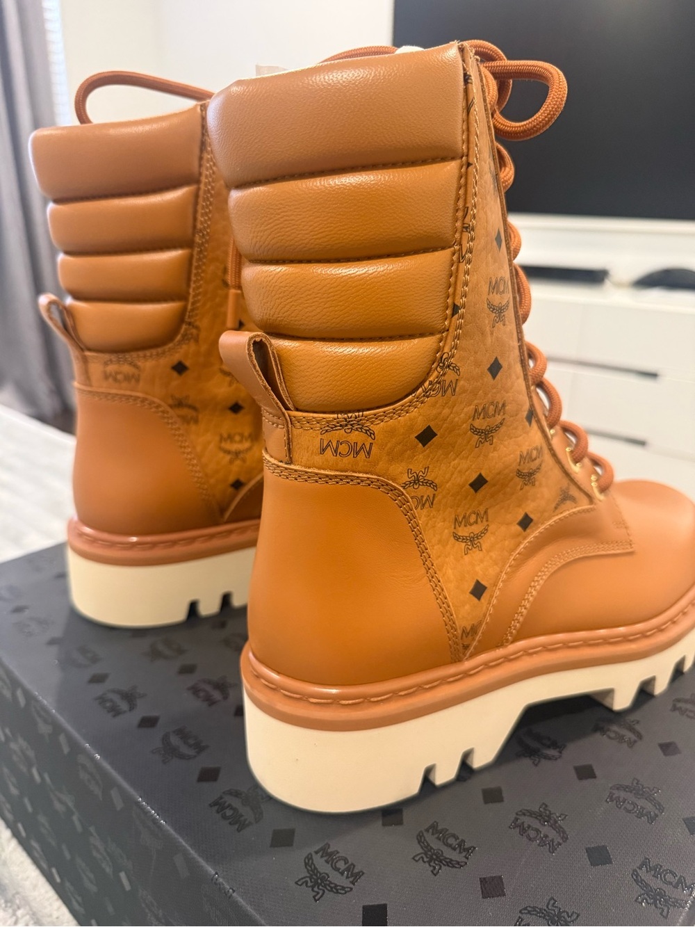 **Brand New** MCM Cognac Monogram Lace-Up Lug Boots with Cream Sole. - Picture 2 of 7